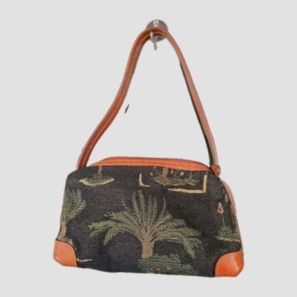 Tommy Bahama Tapestry Palm Tree Shoulder Bag Leather Trim Tropical Black Brown